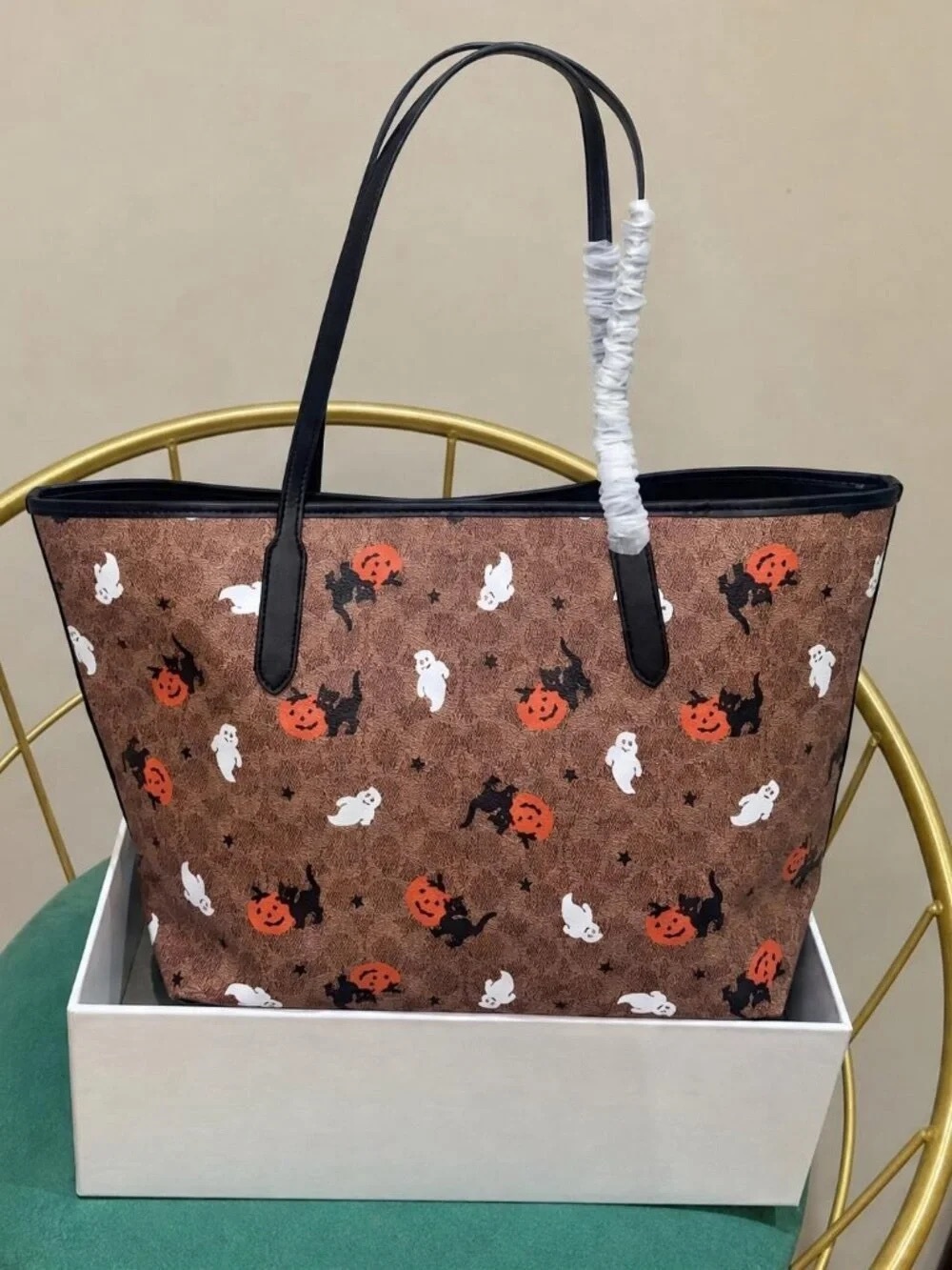 Coach Brown Canvas Tote with Halloween Ghost & Pumpkin Motif - Picture 5 of 5